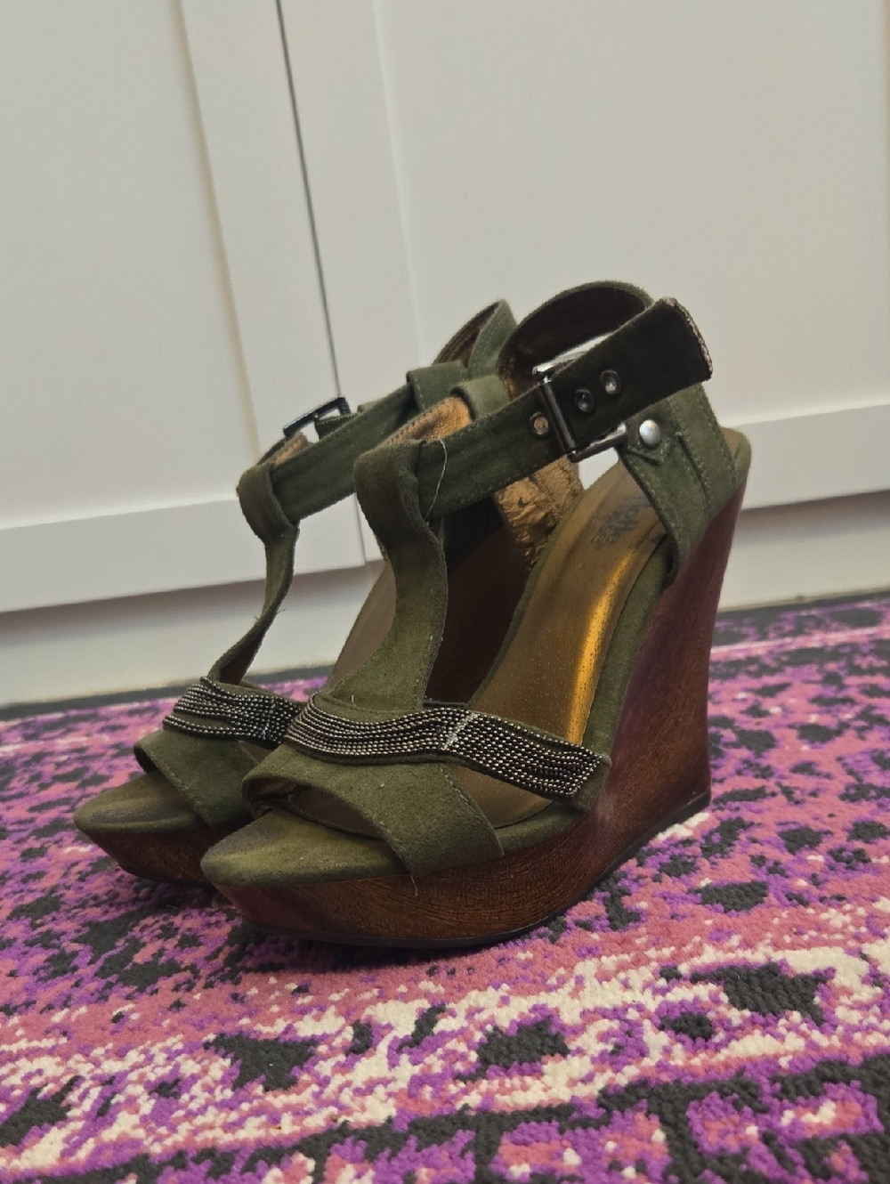 Charlotte Russe Olive Green T-Strap Wedge Sandals